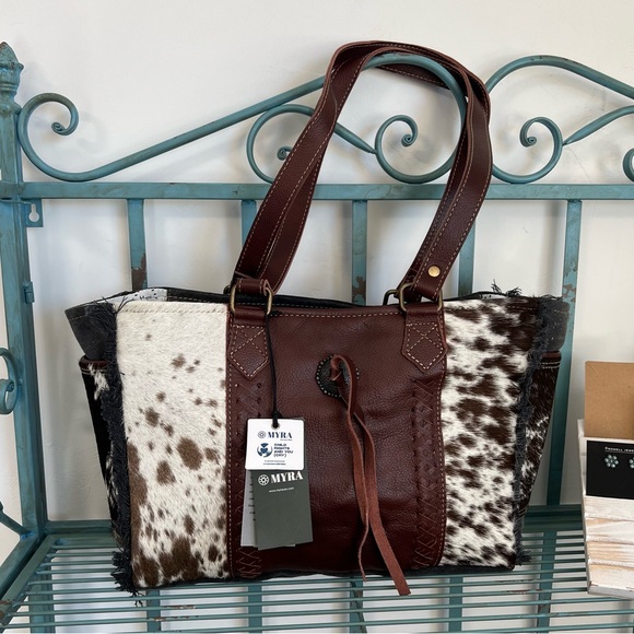 🌺New Myra Bag Canvas & Cowhide & Leather Tote satchel concho tassel western boho - Picture 5 of 15